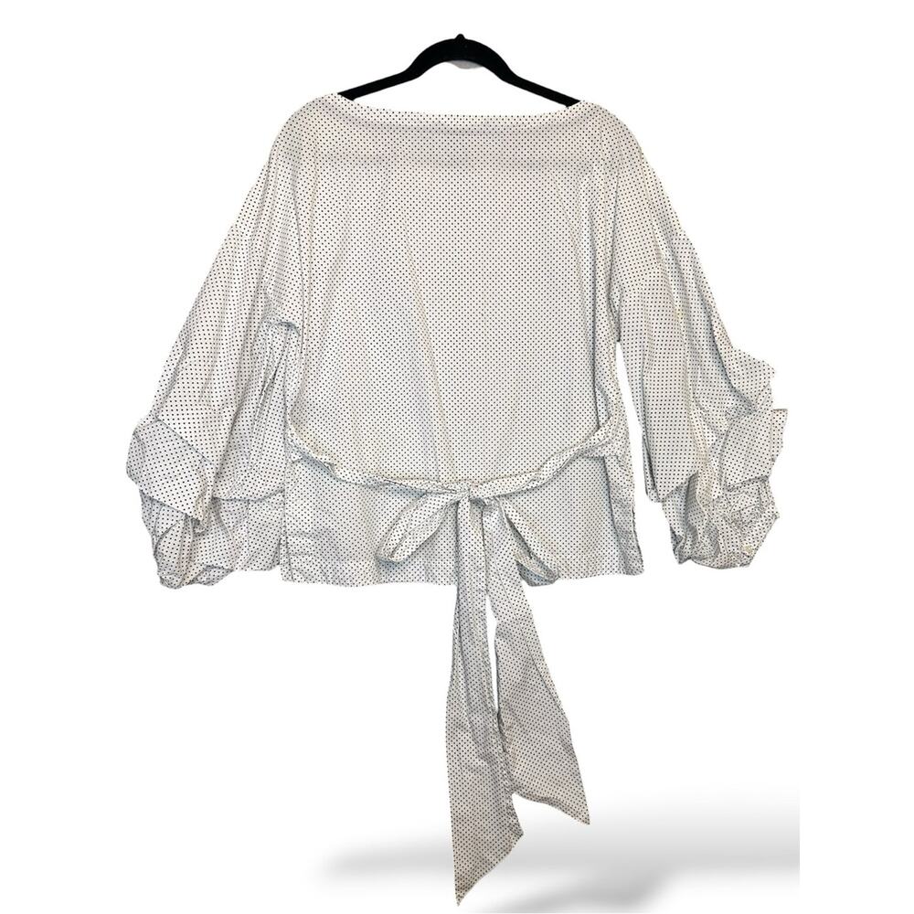 Polka Dot Balloon Sleeve Blouse Tie Waist White Black Boho Feminine M - Picture 5 of 5